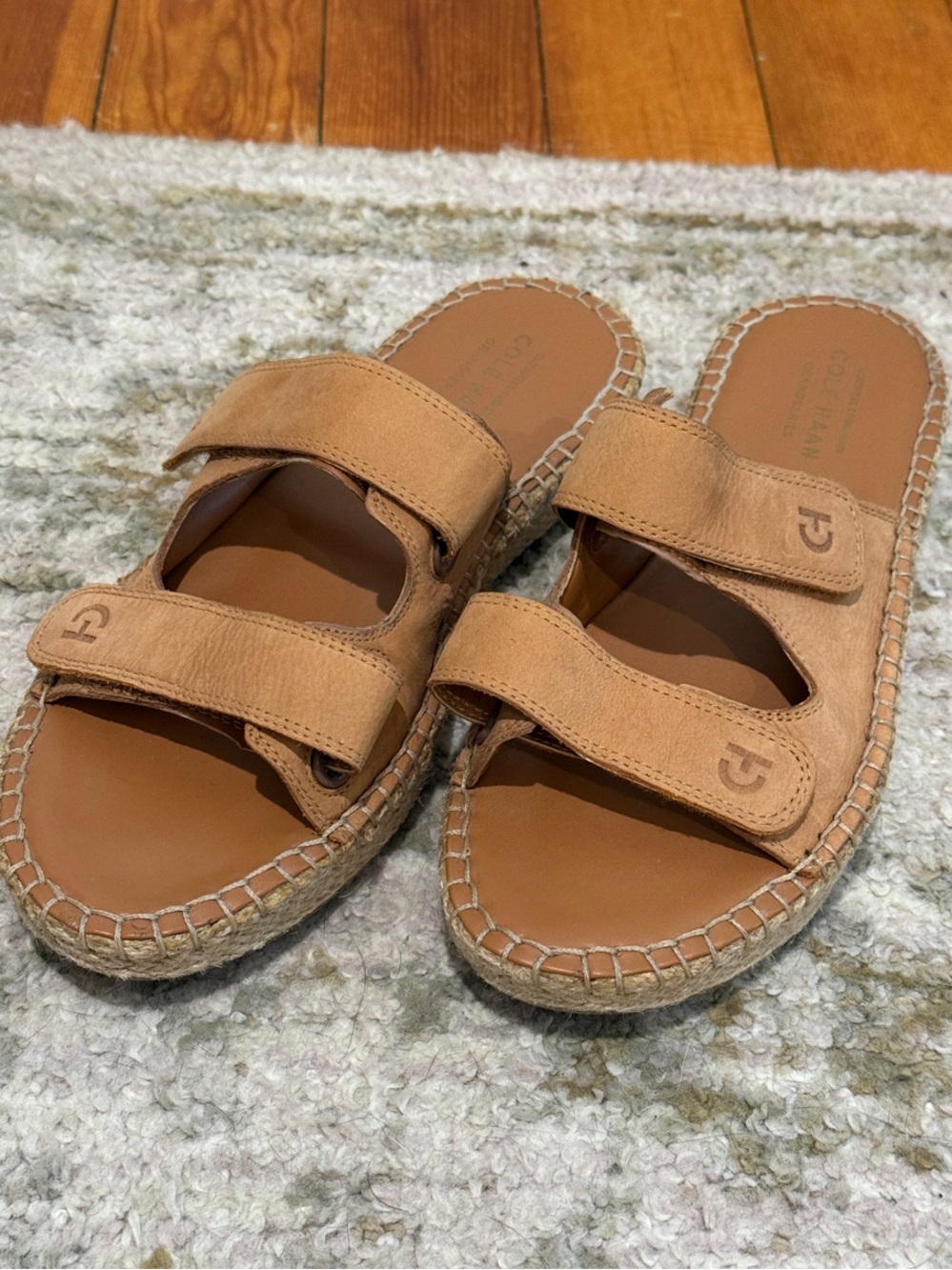 Cole Haan Tan Leather Double-Strap Espadrille Slides